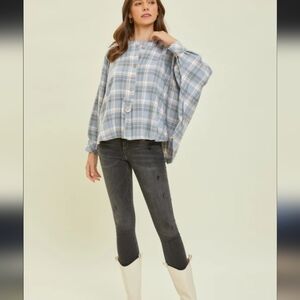 Blue and Gray Puff Sleeve Blouse with Mandarin Collar